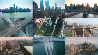 New York havacılık seyahat konsepti kolaj içinde. ABD turizm işaretleri. Modern Manhattan, Central Park, Brooklyn Köprüsü, Wall Street 'te gün batımı, Ticaret Merkezi Anıt Parkı. Amerikan seyahat geçmişi.