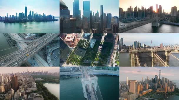 Flygfoto New York Resekoncept Collage Usa Landmärken Turism Modern Manhattan — Stockvideo