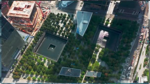 空中放大了纽约市的拼贴图 中央公园 布鲁克林桥 日落在华尔街 贸易中心纪念公园 美国的旅行背景 美国的地标旅游 现代曼哈顿市中心 — 图库视频影像