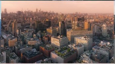 New York şehir merkezindeki Manhattan 'ın kolajını büyüt. Central Park, Brooklyn Köprüsü, Wall Street 'te gün batımı, Ticaret Merkezi Anıt Parkı. Amerikan seyahat konsepti. ABD turizm videosu