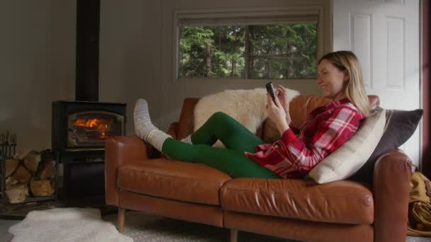 在遥远的目的地使用现代技术的人 年轻女子在视频电话中看着前置摄像头的智能手机 在森林小木屋舒适的柴火炉边用移动式相机取暖的女性 — 图库视频影像