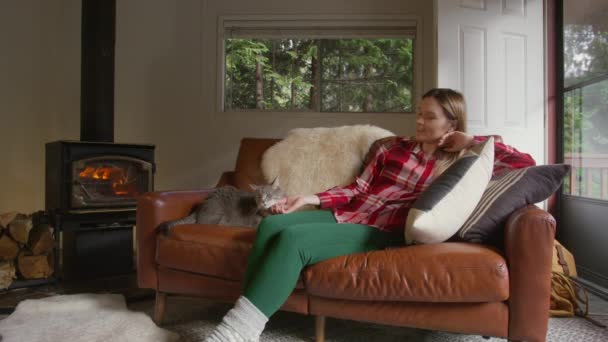 Kırmızı Ekose Gömlekli Hoş Bir Kadın Sevimli Gri Evcil Kediyi — Stok video