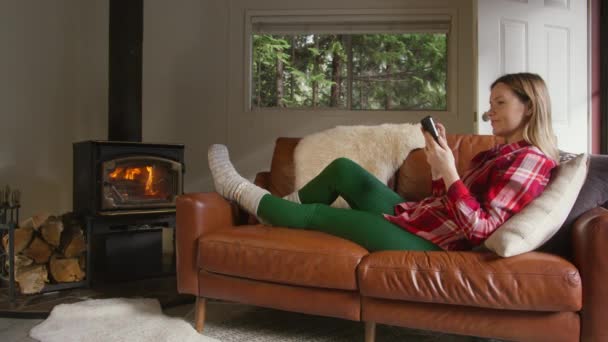 Kobieta Korzystająca Wifi Leśnej Kabinie Rozgrzewająca Się Piecu Opalanym Drewnem — Wideo stockowe
