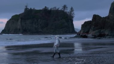 Dramatik doğa hava 4k. Kasvetli gri günde Washington sahilini keşfeden kadın turist. Pasifik Okyanusu kıyısında bulutlu bir akşamda Karadeniz kayalıkları manzarası. Ruby Sahili 'nde tefekkür eden kadın