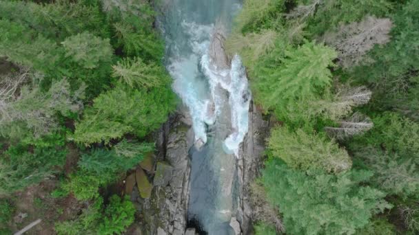 Krachtige Waterval Tussen Grote Natte Bergen Rotsblokken Groen Sparrenbos Luchtvaart — Stockvideo