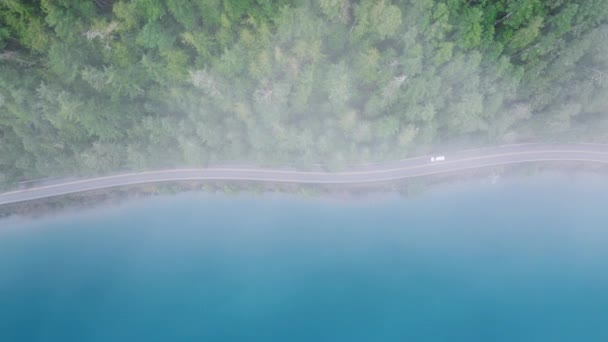 オリンピック国立森林の美しい熱帯雨林のトップダウン エバーグリーン森の青い山湖に沿って道路の上の風景ワシントン4K空中 コピースペースを備えたシネマティックな自然背景 — ストック動画