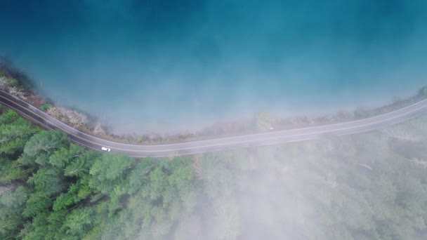 コピースペースで映画の自然背景をトップダウン 美しい熱帯雨林を覆う雲の上を飛行するドローン ワシントン4K エバーグリーン森林公園の青山湖沿いの道の上の風景 — ストック動画