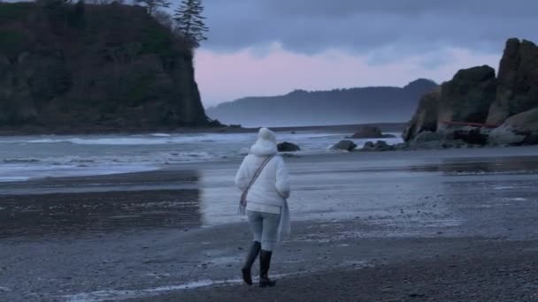 Natursköna Svarta Klippor Vid Stilla Havets Kust Mulen Kväll Kvinnan — Stockvideo