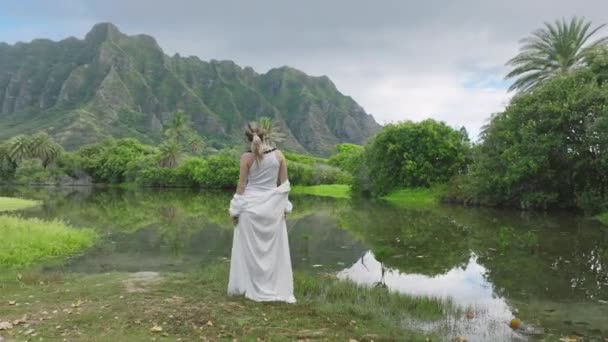 ハワイ島の劇的な自然を賞賛するエレガントな女性のバックビュー ドリーは映画 ジュラシック の山を探検する旅行者の周りを撮影した オアフ島4Kの壮大な自然景観での観光客のバックビュー — ストック動画