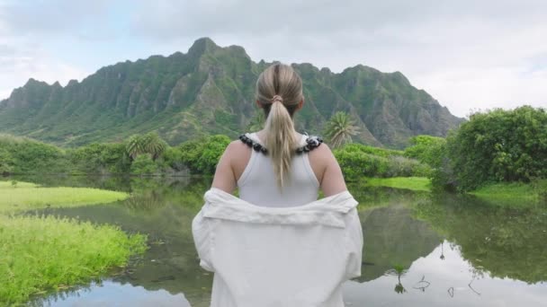 観光客から後方に飛ぶドローンは オアフ島の壮大な自然の風景を明らかにします ハワイ島の劇的な自然を賞賛するエレガントな女性のバックビュー ジュラシック 楽しむ 旅行者 — ストック動画