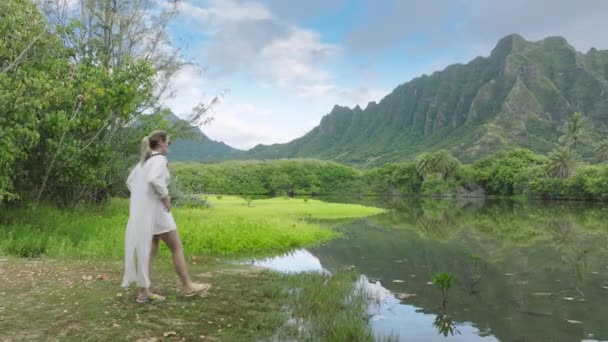 ドリーは映画 ジュラシック の山を探検する旅行者の周りを撮影した オアフ島4Kの壮大な自然の風景で冒険的な観光客 夏にハワイ島で劇的な自然を賞賛するエレガントな女性 — ストック動画