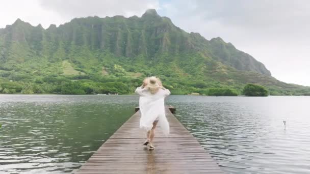 Hawaii Adasındaki Gizli Sahil Gölünü Araştıran Kadını Takip Eden Kamera — Stok video