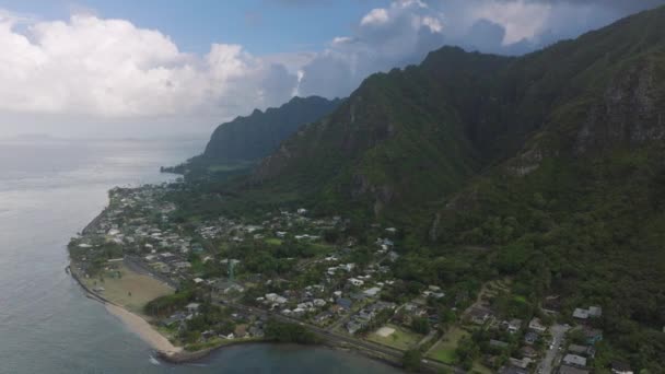 カアワ村は曇った日の空中 ハワイ島のライフスタイル オアフ島の海岸沿いの自然景観 魔法のハワイの山々 カヘキリ リッジ ライオン トレイル — ストック動画