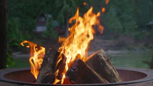 明るいオレンジ色の熱い炎を閉じる ボンファイアは フライングスパークスローモーションでログします 火のピットで薪を燃やして 背景に美しい緑の森で屋外の夜キャンプでの居心地の良いキャンプファイヤー — ストック動画