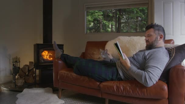 在舒适的森林小木屋里 在柴火火炉边取暖的时候 放松了男人读有趣的书 人们在周末去遥远的目的地度假 英俊男子在舒适的皮革车厢上爱抚猫 — 图库视频影像