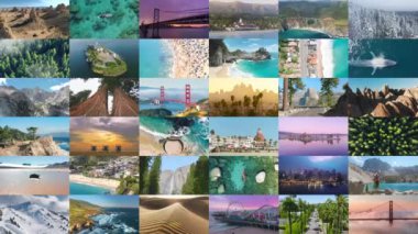 Seyahat kolajı California 'nın simgeleri. Aerial San Francisco, Los Angeles, San Diego şehirleri. Yosemite Sequoia parklarının güzel doğası, Taho Mono gölleri, Malibu Santa Monica sahilleri. ABD seyahat kavramı