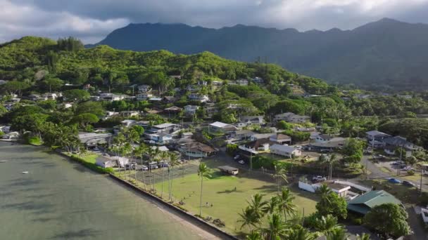 Kids Playing Basketball Field Waterfront Ocean Park Countryside Landscape Oahu — Stock Video