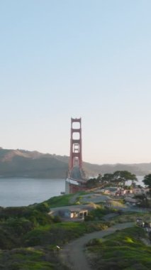 Yüksek çam ağaçları arasında uçan ve San Francisco körfezinde görünen kırmızı Golden Gate köprüsü olan İHA 'nın dikey görüntüsü açık mavi gökyüzü ile altın gündoğumu ışığı üzerinde, 4K 