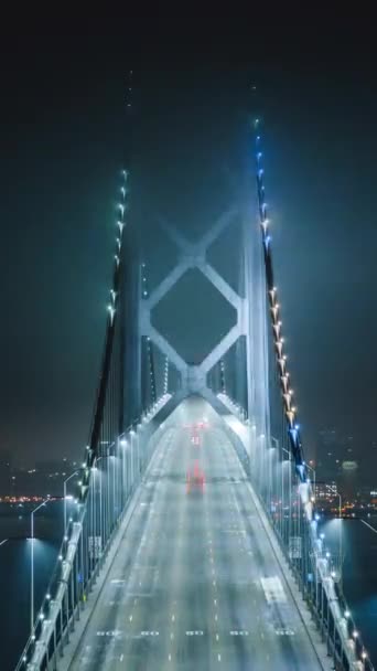 Vídeo Vertical Puente Bahía Por Noche Con Luz Iluminada Los — Vídeo de stock