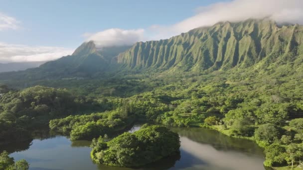 华胡岛植物园的空中景观 池塘四周环绕着茂盛的绿叶和陡峭的火山山脉 在美国夏威夷岛令人惊奇的热带丛林中 蓝天映照在静谧的湖中 — 图库视频影像