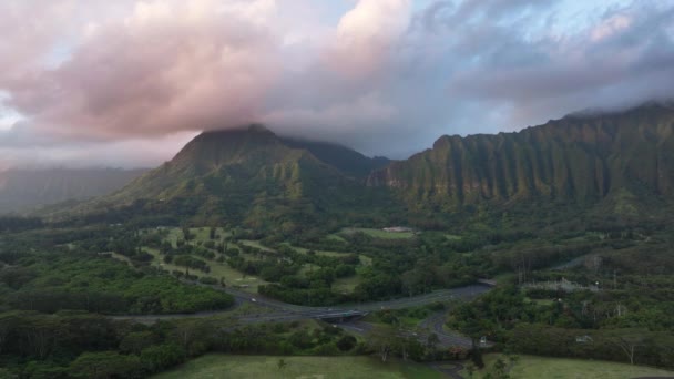 印象的な日の出4Kで急な緑の崖が付いているエピックオアフの自然 日の出にピンクの青い雨雲で覆われた息をのむような火山の山の尾根 ハワイ島の自然景観 — ストック動画