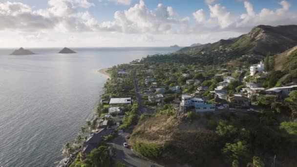 Okyanus Manzaralı Evlerin Üstündeki Oahu Adası Hawaii Hava Manzarası Hawaii — Stok video