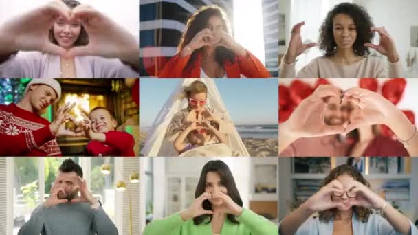 Kalp Şeklini Kameraya Gösteren Insanların Kolajı Mutlu Samimi Kadın Portreleri — Stok video