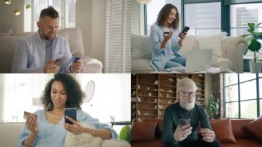 Bin yıllık memnun müşterilerin kolajı akıllı telefon mobil banka uygulamasına kredi kartı verilerini giriyor. Yakışıklı adamlar internette internet üzerinden ödeme yapıyor. Telefonla. Genç kadınlar e-alışveriş evlerinde para harcıyor