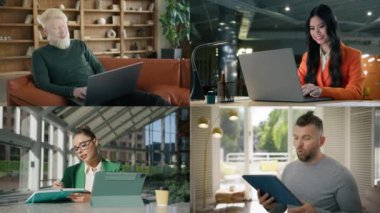 İş adamları kolaj yapıyor. Laptop ya da tablet ekrana bakan bir grup pozitif insan. İş kadınları ve erkekler projede birlikte çalışıyorlar. Çevrimiçi sunumda küresel şirket arkadaşları