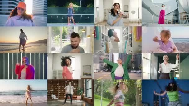 Set Collage Gente Multiétnica Feliz Diversa Gente Divertida Divirtiéndose Bailando — Vídeo de stock