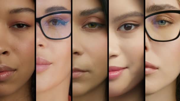 Primer Plano Mujeres Hermosas Caras Collage Mujer Caucásica Latina Asiática — Vídeo de stock
