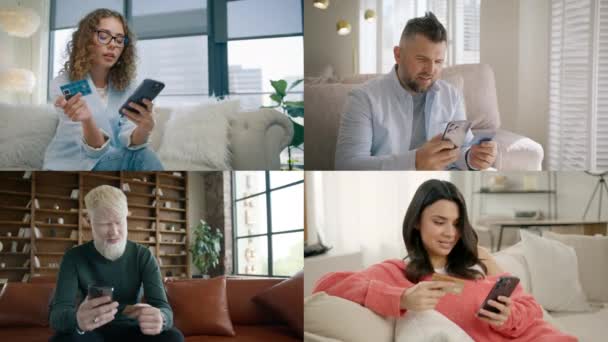 Gelukkige Lachende Diverse Mensen Die Met Smartphone Kaarten Betalen Vier — Stockvideo
