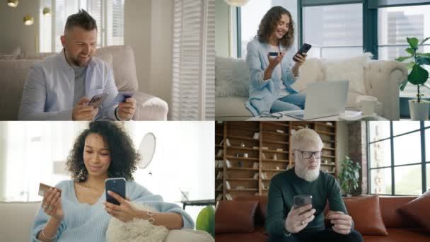 Collage Millennial Satisfied Shoppers Enter Credit Card Data Smartphone Mobile — Vídeo de stock
