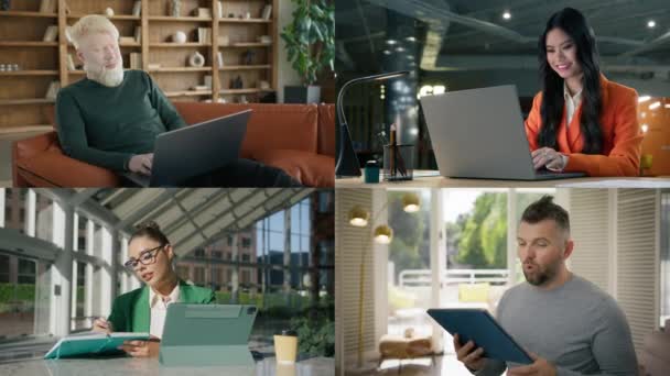 Colagem Pessoas Negócios Grupo Pessoas Positivas Olhando Para Laptop Tablet — Vídeo de Stock