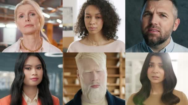 Inseguros Empresarios Dudosos Cierran Retratos Collage Diversas Personas Con Duda — Vídeos de Stock