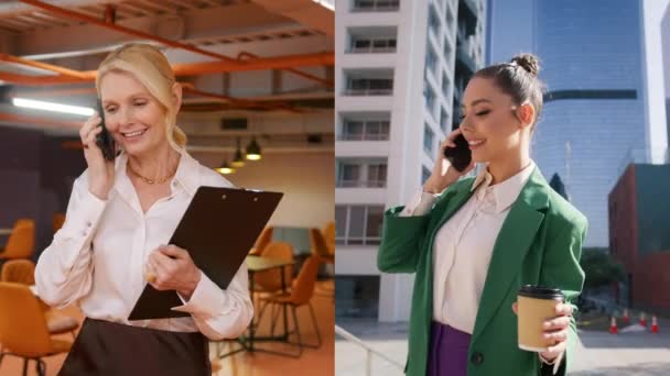 分屏蒙太奇两名职业女性通过电话交流 微笑的女老板一边用智能手机说话 一边走过现代化的办公室 用手机在户外喝咖啡的年轻女人 — 图库视频影像