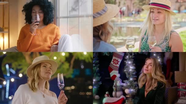 Kolaż Grupy Szczęśliwych Uśmiechniętych Kobiet Bawiących Się Imprezą Pijących Szampana — Wideo stockowe