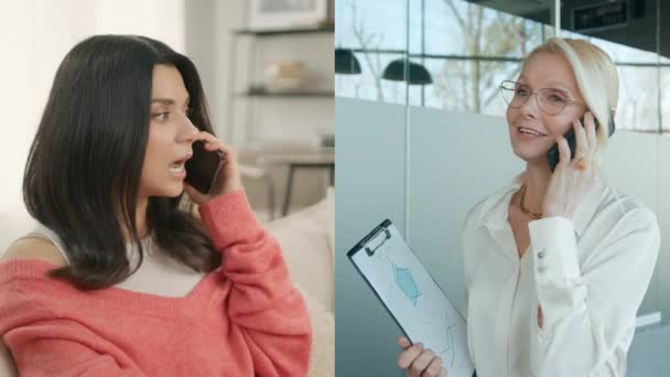 Podzielony Ekran Dwóch Kobiet Komunikujących Się Przez Telefon Młoda Stylowa — Wideo stockowe