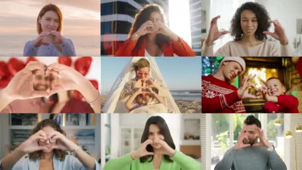 Koláž Lidí Ukazujících Tvar Srdce Před Kamerou Portréty Šťastných Upřímných — Stock video