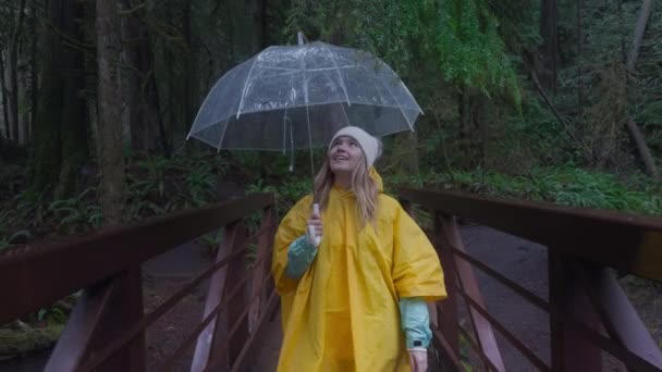 明るいレインコートと編まれた帽子の陽気な女性は 穏やかな森の雰囲気の中で喜んで橋の透明な傘の下で笑います フッテージ — ストック動画