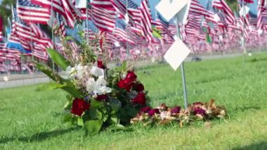 Canlı yeşil bir çimenlikte Amerikan bayraklarıyla çevrili bir anıt buketinin yakın çekimi, 9.11 kurbanına saygılarını sunuyor. Ağır çekim. Çekim 4K. 