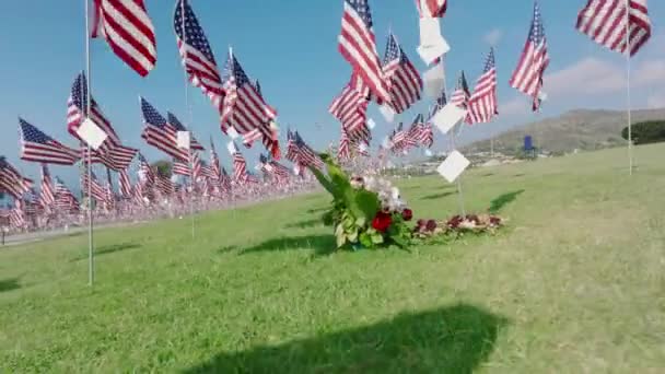 Çiçekler Amerikan Bayraklarıyla Dolu Dokunaklı Bir Anma Töreni Kaybedilenler Için — Stok video