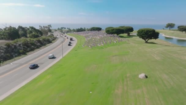 空中視点は ペッパーダイン大学の芝生で振りかける何千ものアメリカの旗を持つ印象的な9 11記念碑を示しています フッテージ — ストック動画