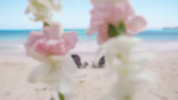ハワイアンウェルカムシンボル 白いピンクの蘭のネックレスが付いている伝統的な花のレイの最初のポイント ビュー 観光客を歓迎する ブルーオーシャンで2つのビーチチェアを持つハワイ旅行映画の背景 — ストック動画