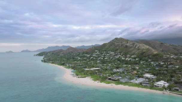 曇りの日のランカイビーチの空中ビュー 緑のココナッツのヤシに囲まれた高級ビーチフロントヴィラの上のドローンビュー オアフ島の美しいビーチ ハワイ風光明媚な自然景観パシフィック — ストック動画