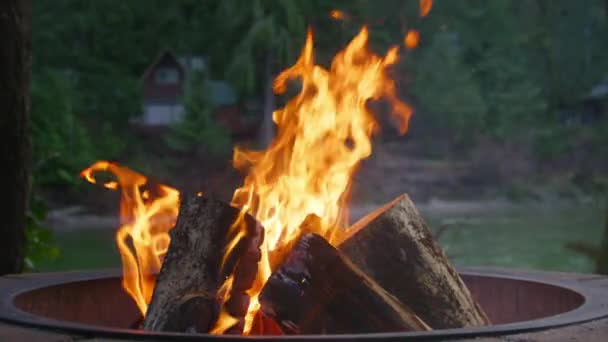 Close Vlammen Van Fel Oranje Heet Vuur Bonfire Logs Met — Stockvideo