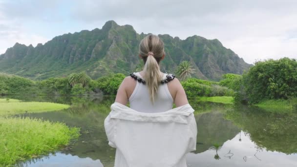无人机从观光客向后飞去 展示了瓦胡岛壮丽的自然景观 在夏威夷岛上 一个优雅的女人仰慕着戏剧性的自然景色 欣赏侏罗纪电影的旅行者 — 图库视频影像