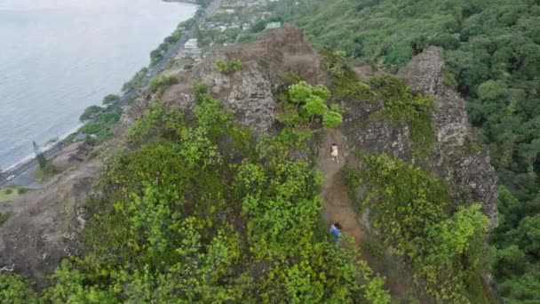 Oahu Adasındaki Kahekili Tepesi Ndeki Çömelmiş Aslan Patikası Tırmanan Maceraperest — Stok video