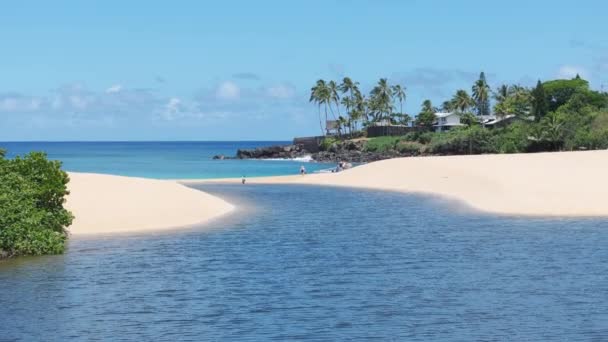 无人机向后飞行揭示了夏威夷岛的自然特征怀米亚河蓝色泻湖 蓝海有白色沙滩 在阳光明媚的夏日 威玛湾海滩 北岸瓦胡岛的美丽自然 — 图库视频影像