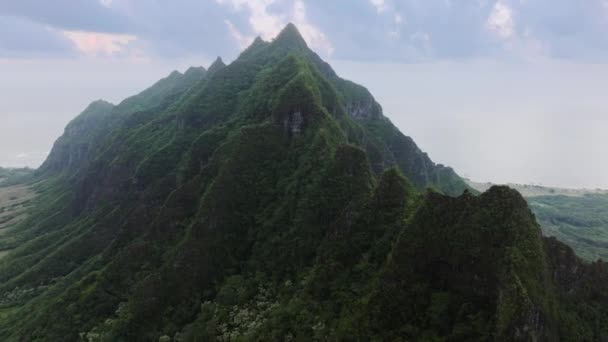 Hawaii Sziget Partvonala Meredek Trópusi Hegygerincvel Zöld Dzsungel Hegyek Jurassic Jogdíjmentes Stock Videó